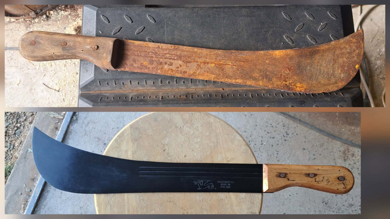 Machette restaurée à l'atelier : avant rouillée et après remise en état complète